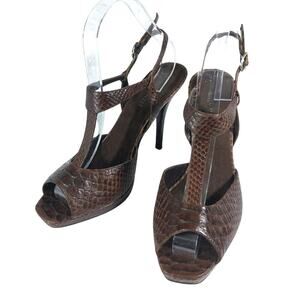 NINE WEST! ESPRESSO BROWN GENUINE LEATHER, T BAR LIZARD IMPRINT HEELS! SZ 7M
